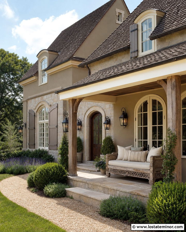 Greige French Country House With Stone Porch Daybed - 30 Greige House Design With Daybed Ideas