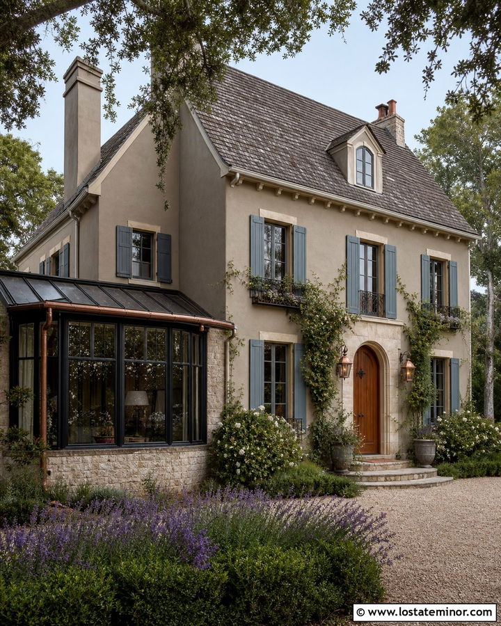 Greige French Country House With Stone Sunroom - 30 Greige House Design With Sunroom Ideas