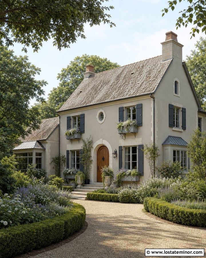 Greige French Country House With Zinc Window Boxes - 30 Greige House Design With Window Boxes Ideas