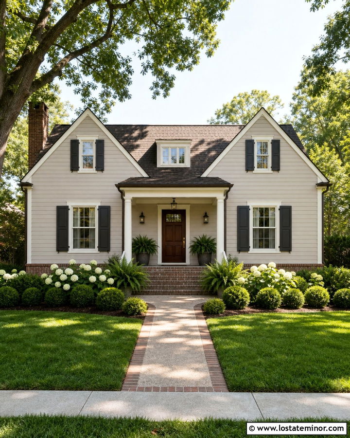 Greige Gable House With Brick Skirting - 30 Greige House Design With Gables Ideas