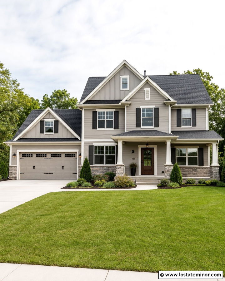 Greige Gable House With Charcoal Roof - 30 Greige House Design With Gables Ideas