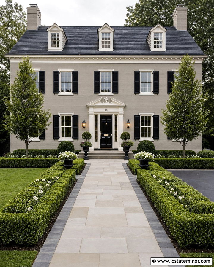 Greige Georgian House With Limestone Walkway - 30 Greige House Design With Walkway Ideas