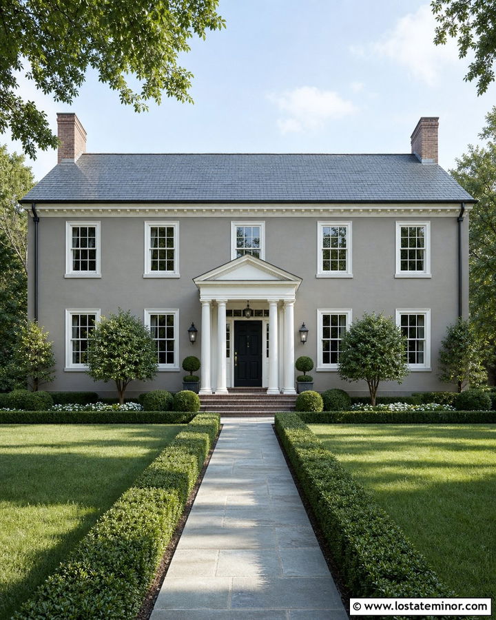 Greige Georgian House With Pediment Portico - 30 Greige House Design With Portico Ideas