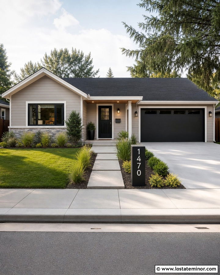 Greige House With Address Number Planter - 30 Greige House Design With House Numbers Ideas