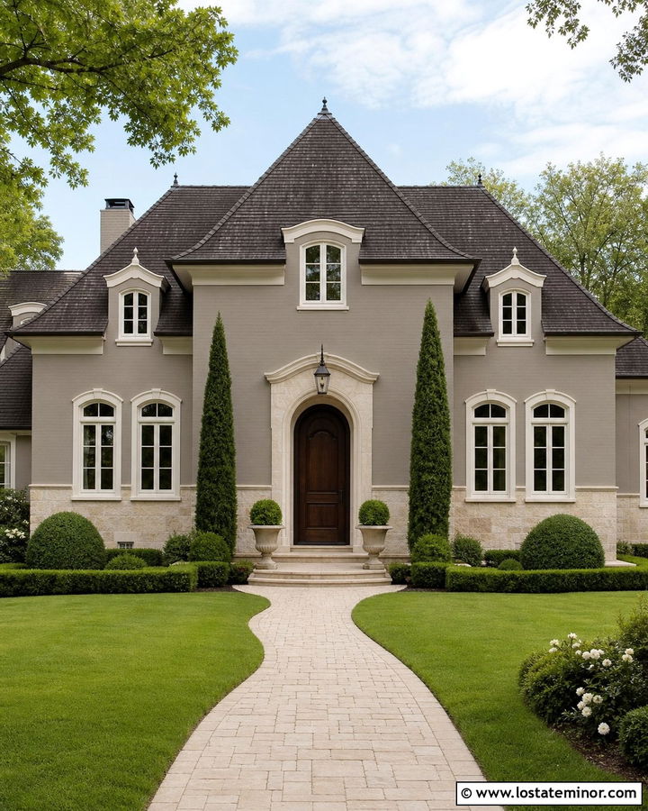 Greige House With Arched Stone Wainscoting - 30 Greige House Design With Wainscoting Ideas