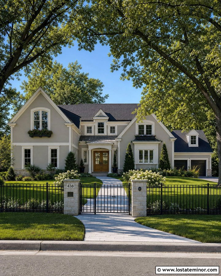 Greige House With Black Aluminum Fence - 30 Greige House Design With Fence Ideas