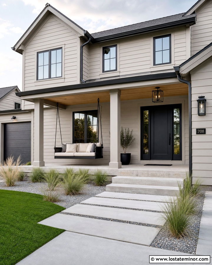 Greige House With Black Bed Swing - 30 Beige House Design With Swing Ideas