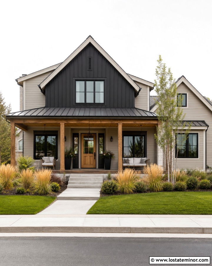 Greige House With Black Board And Batten Accents - 30 Greige House Design With Accents Ideas