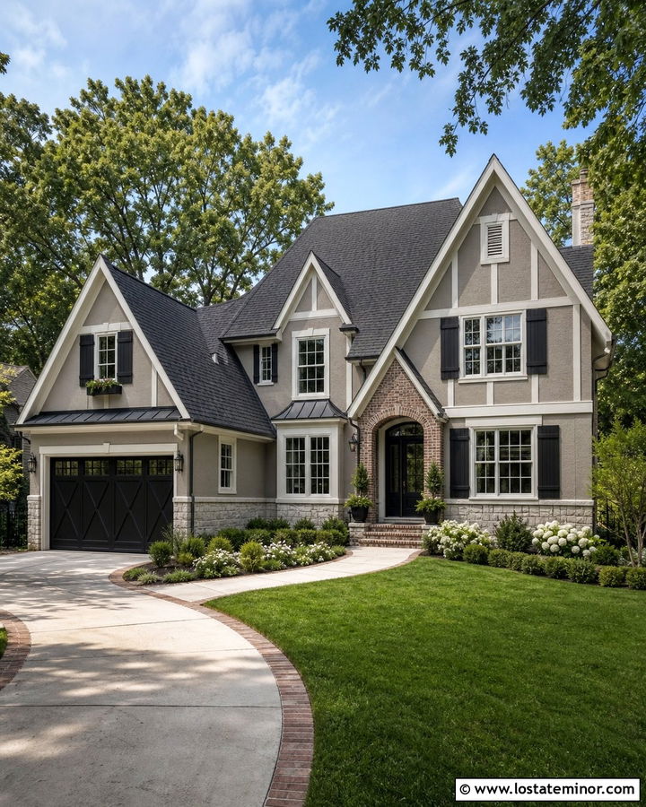 Greige House With Black Carriage Garage Door - 30 Greige House Design With Garage Door Ideas