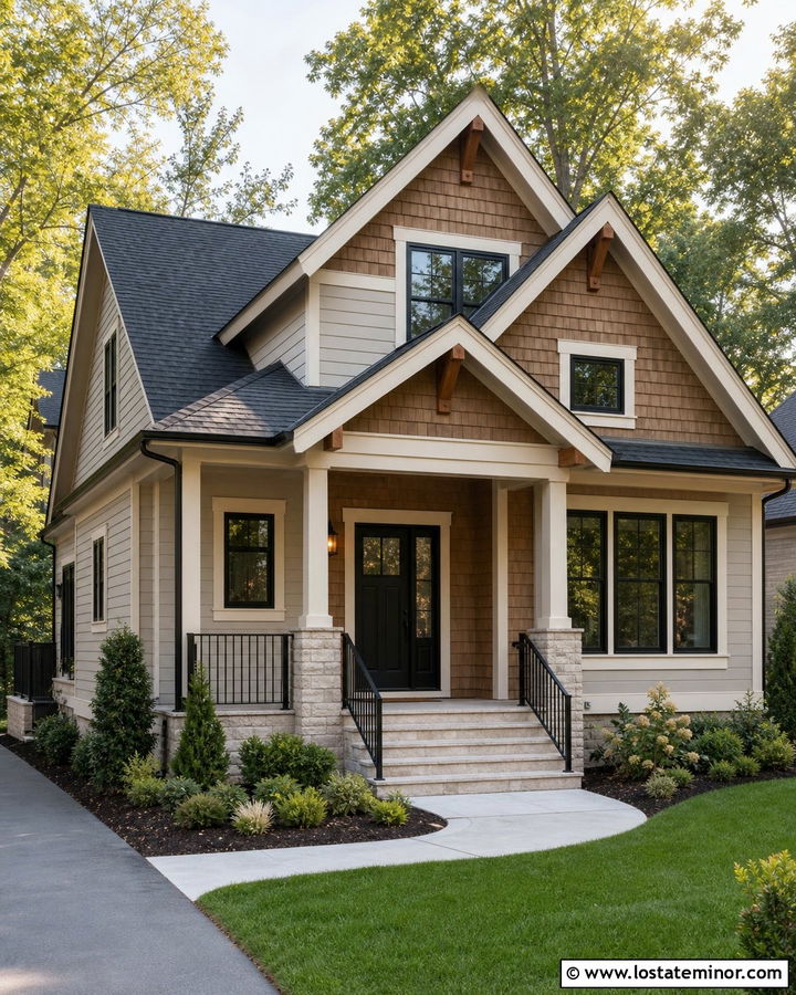 Greige House With Black Door And Cedar Accents - 30 Greige House Design With Cedar Shake Ideas