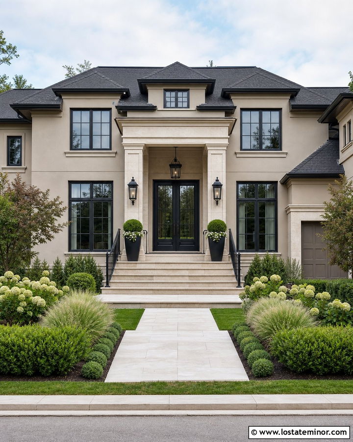 Greige House With Black Double Front Doors - 30 Greige House Design With Front Door Ideas