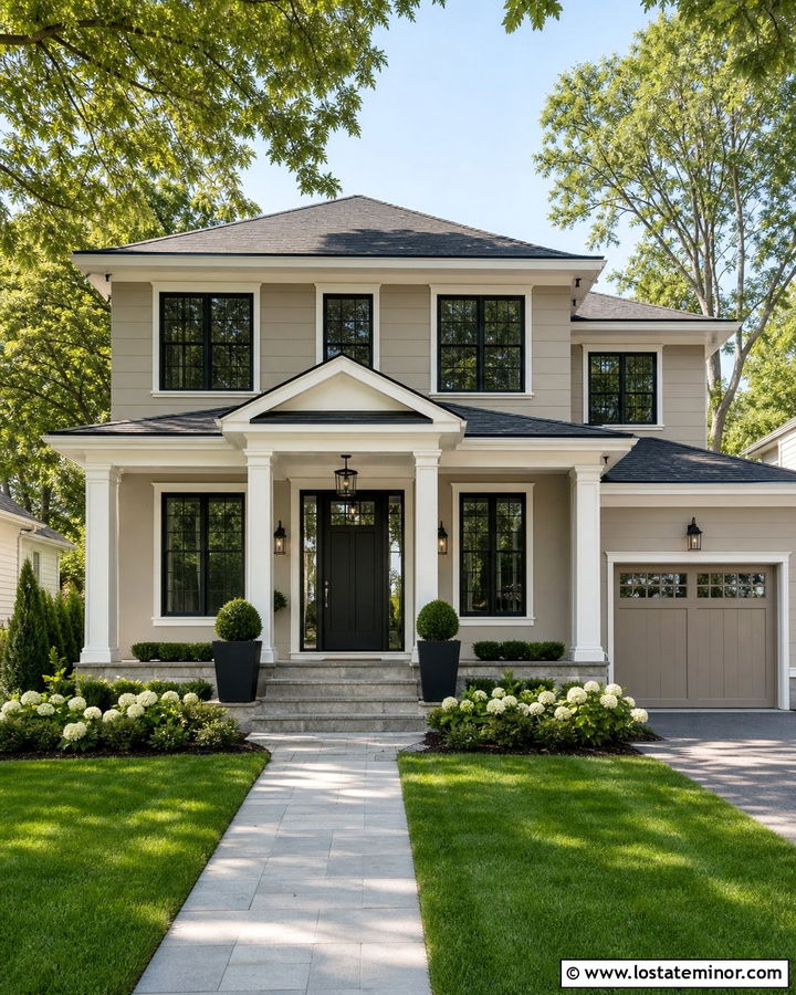 Greige House With Black Front Door Portico - 30 Greige House Design With Portico Ideas