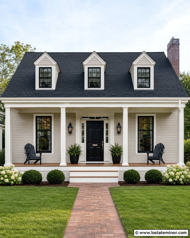 Greige House With Black Front Door - 30 Greige House Design With Front Porch Ideas