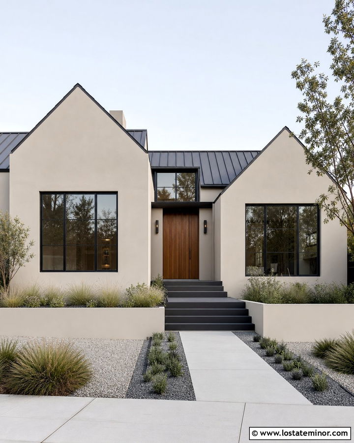 Greige House With Black Front Steps - 30 Greige House Design With Steps Ideas