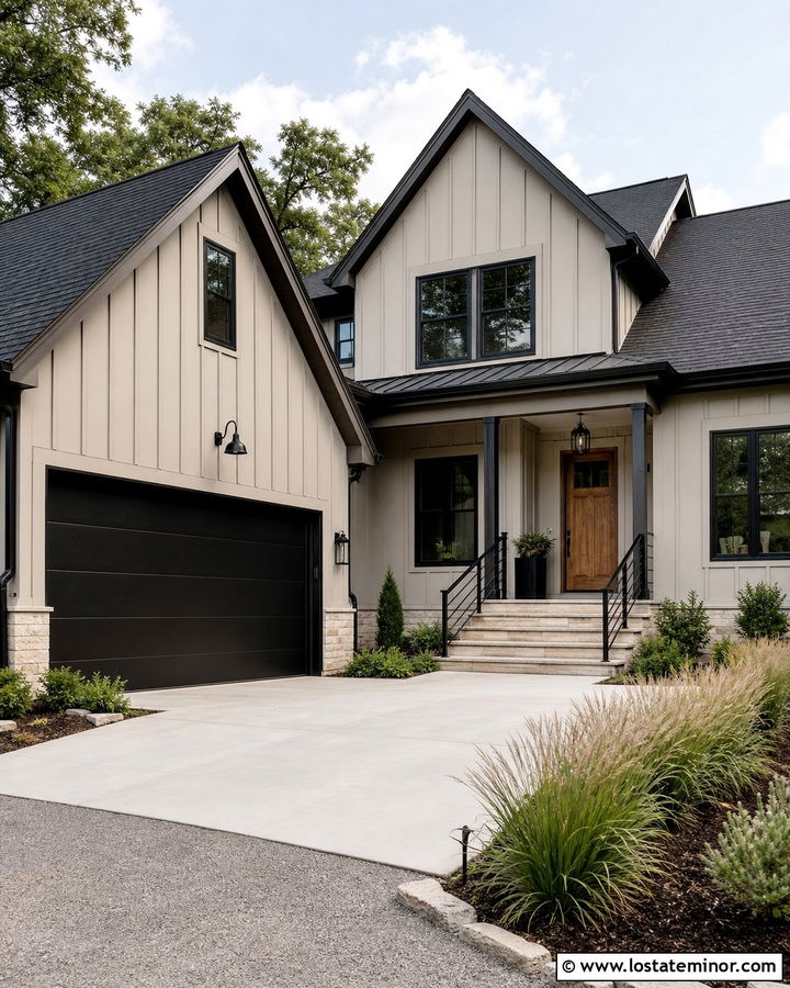 Greige House With Black Garage Door - 30 Greige House Design With Garage Door Ideas