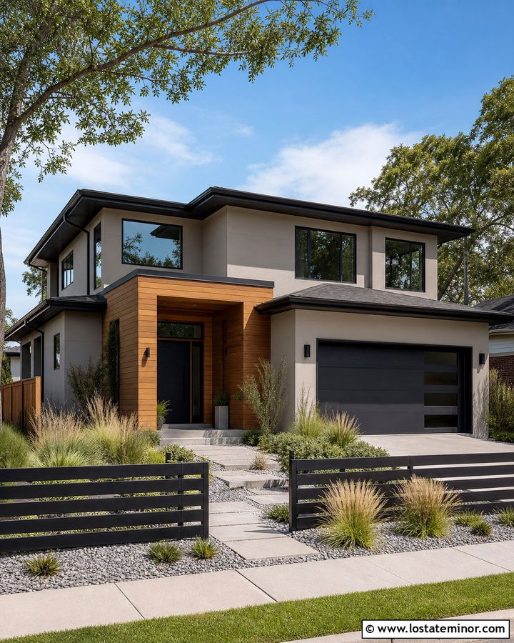 Greige House With Black Horizontal Fence - 30 Greige House Design With Fence Ideas
