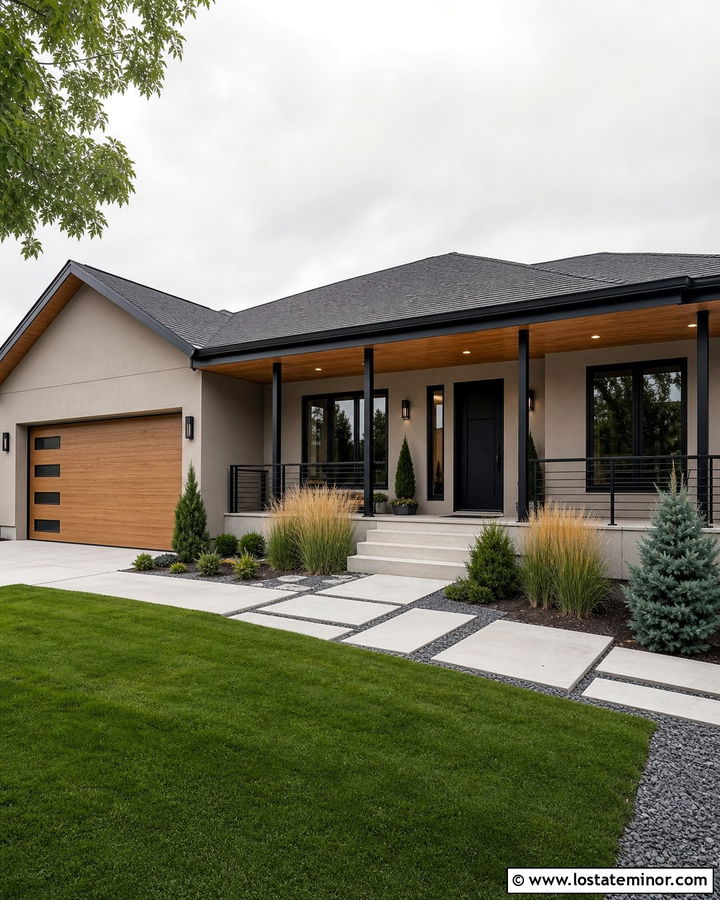 Greige House With Black Metal Columns - 30 Greige House Design With Porch Columns Ideas