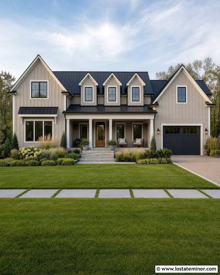Greige House With Black Metal Dormers - 30 Greige House Design With Dormers Ideas