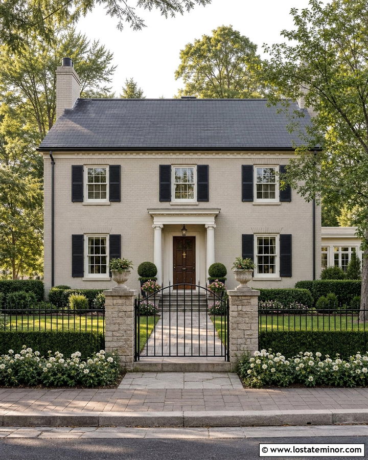 Greige House With Black Metal Fence - 30 Greige House Design With Fence Ideas