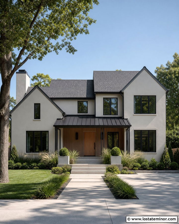 Greige House With Black Metal Portico - 30 Greige House Design With Portico Ideas