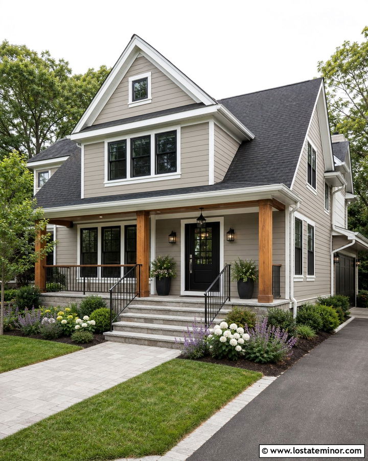 Greige House With Black Metal Railings - 30 Greige House Design With Steps Ideas