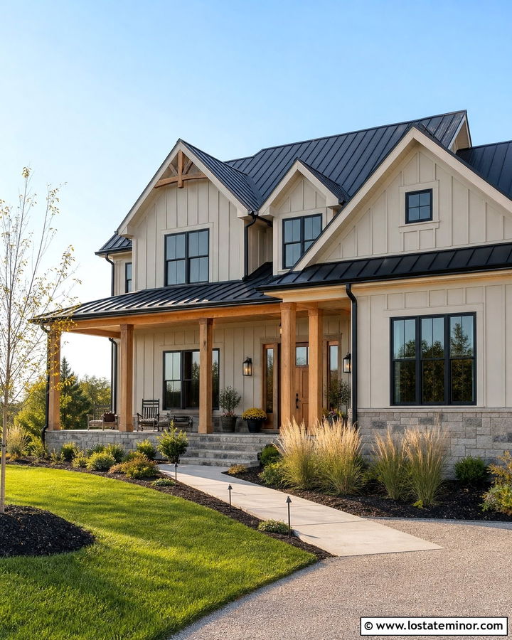 Greige House With Black Metal Roof - 30 Greige House Design With Roof Ideas
