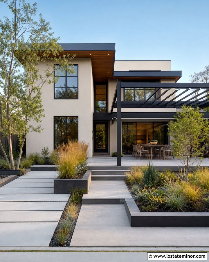 Greige House With Black Modern Pergola - 30 Greige House Design With Pergola Ideas