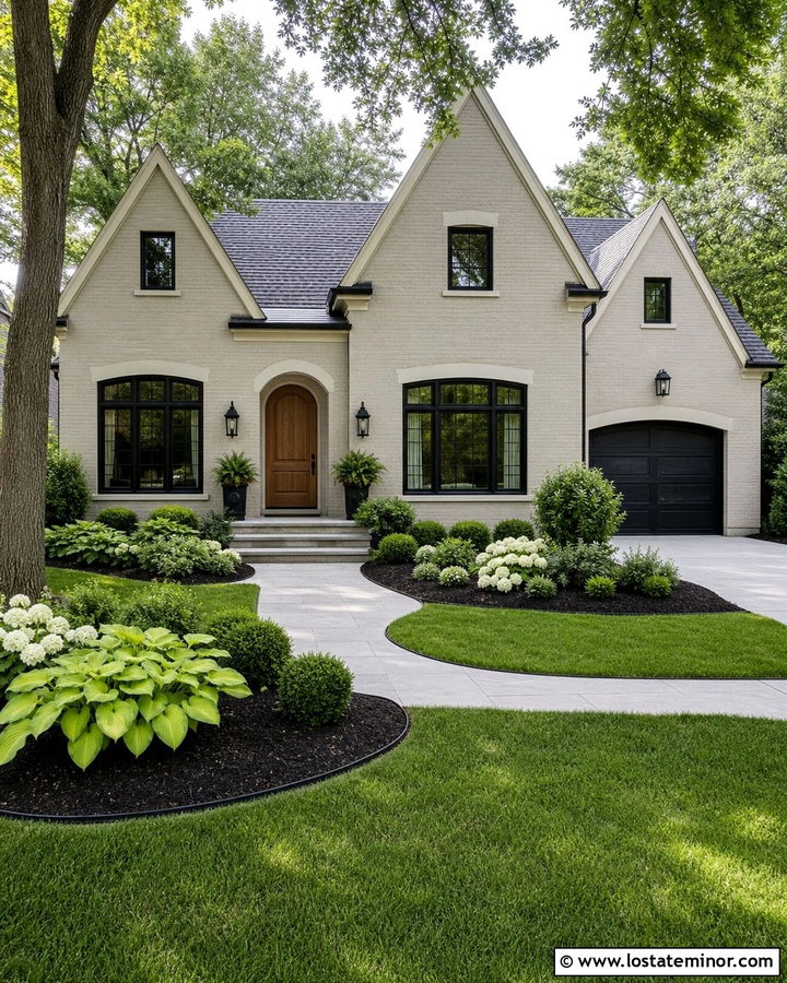 Greige House With Black Mulch Beds - 30 Greige House Design With Front Yard Ideas