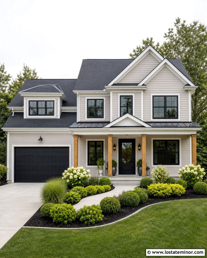 Greige House With Black Mulch Landscaping - 30 Greige House Design With Landscaping Ideas