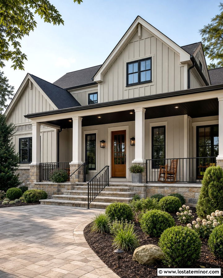 Greige House With Black Porch Ceiling - 30 Greige House Design With Porch Ceiling Ideas