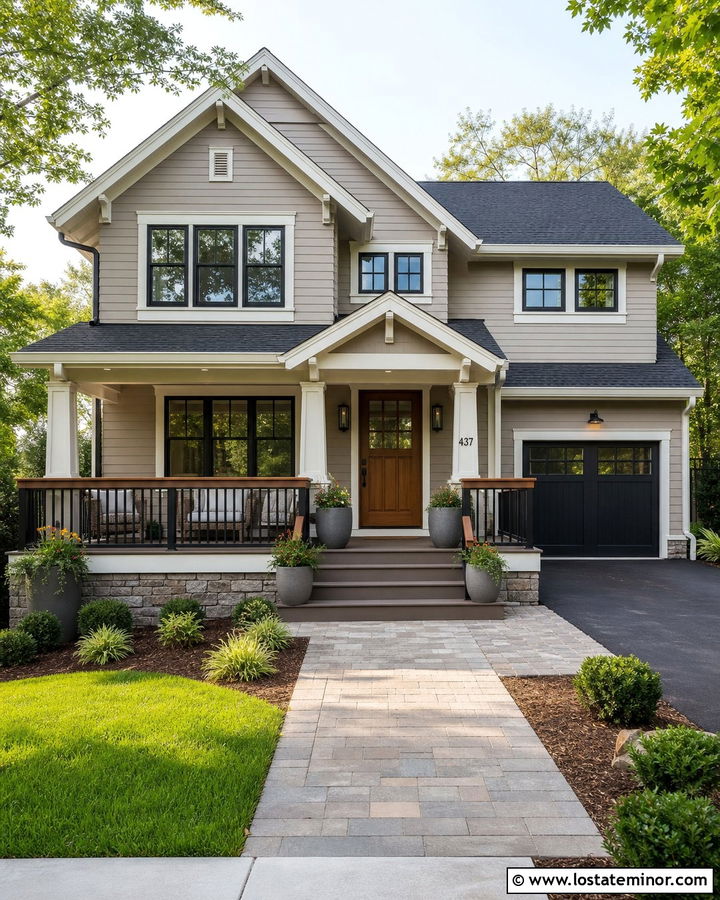 Greige House With Black Railings And Composite Deck - 30 Greige House Design With Railings Ideas