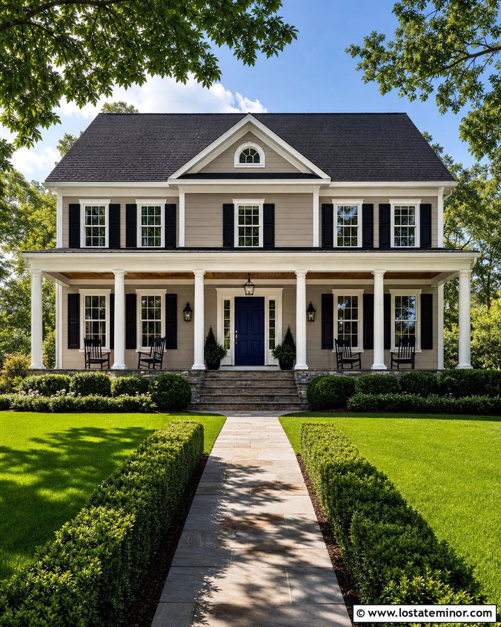 Greige House With Black Roof And White Trim - 30 Greige House Design With Roof Ideas