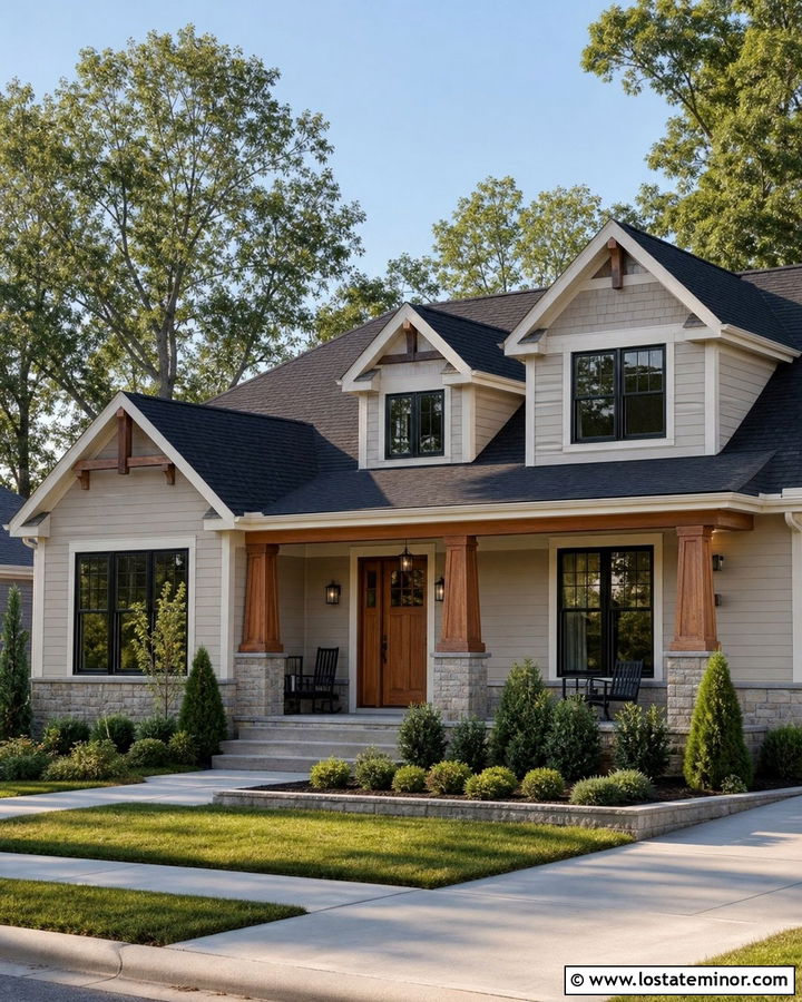 Greige House With Black Roof And Wood Door - 30 Greige House Design With Roof Ideas