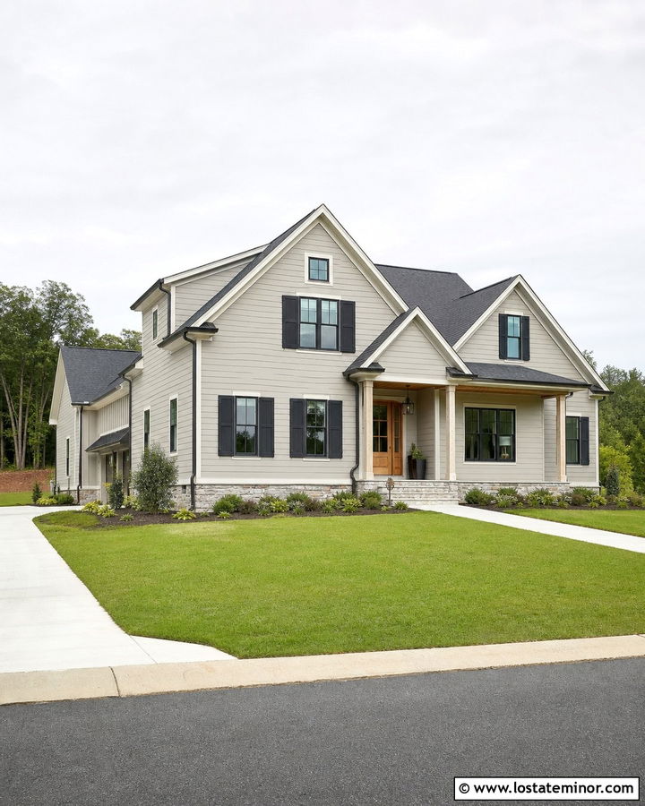 Greige House With Black Shutters And Cedar Accents - 30 Beige House Design With Shutters Ideas