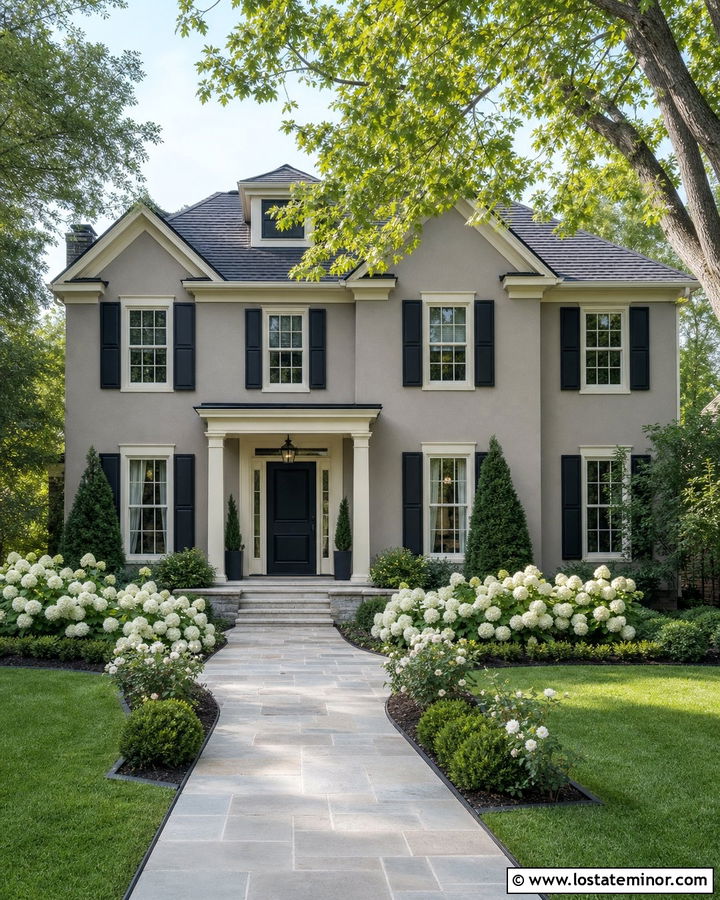 Greige House With Black Shutters And White Flowers - 30 Greige House Design With Front Yard Ideas
