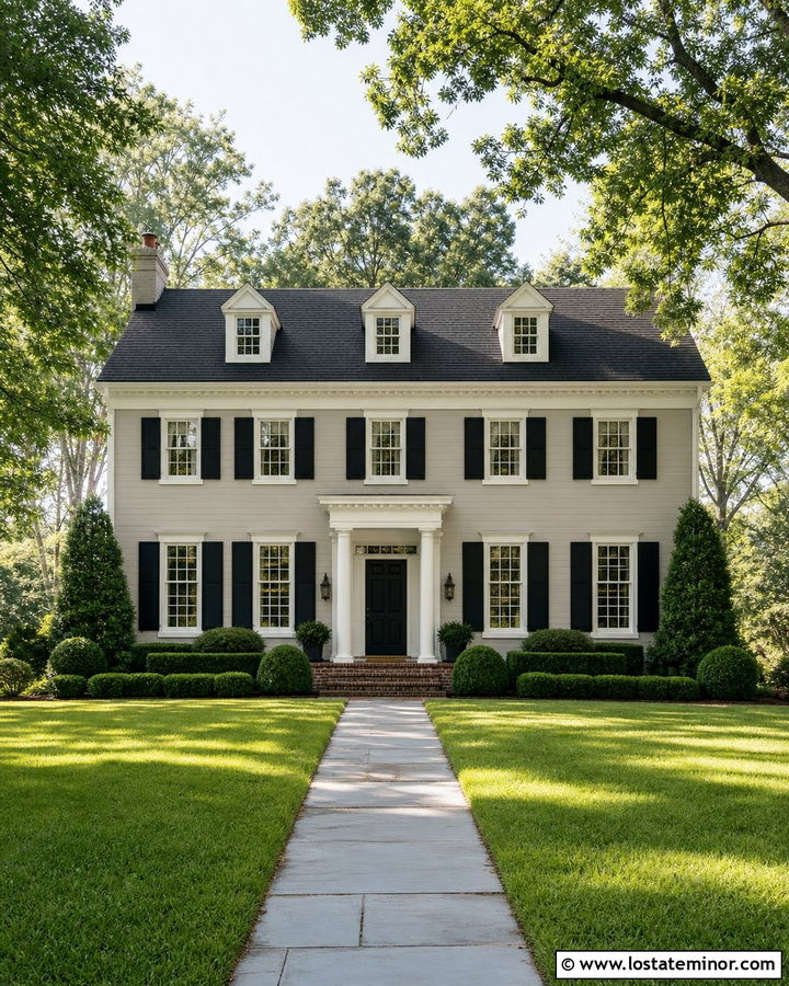 Greige House With Black Shutters - 30 Greige House Design With Shutters Ideas