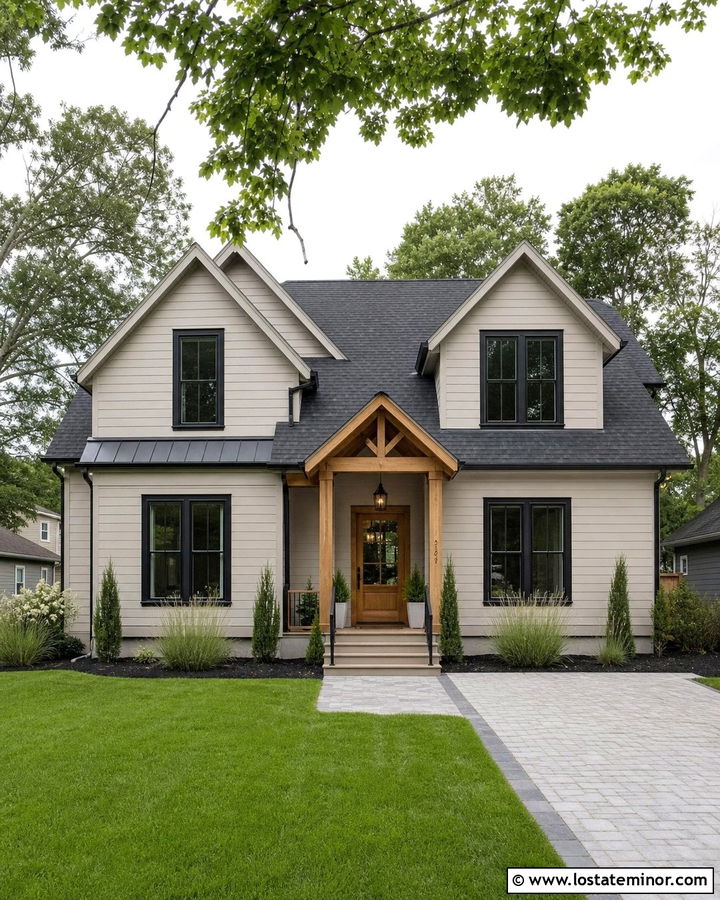 Greige House With Black Trim And Cedar Door - 30 Greige House Design With Accents Ideas