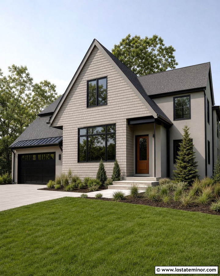 Greige House With Black Trim And Cedar Shakes - 30 Greige House Design With Cedar Shake Ideas