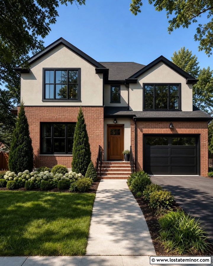 Greige House With Black Trim And Red Brick - 30 Greige House Design With Brick Accents Ideas