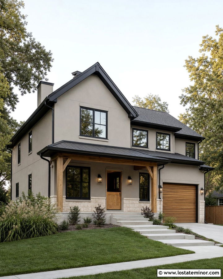 Greige House With Black Trim And Wood Dutch Door - 30 Greige House Design With Dutch Door Ideas