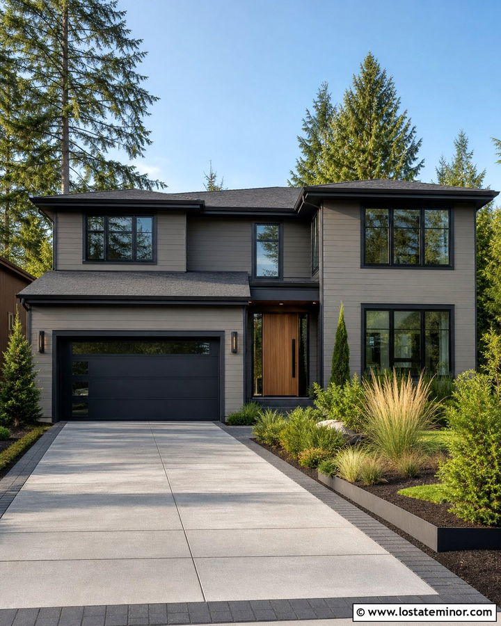 Greige House With Black Trim and Straight Driveway - 30 Greige House Design With Driveway Ideas
