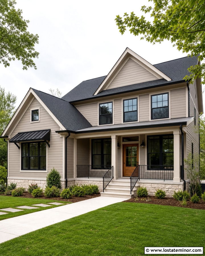 Greige House With Black Window Frames - 30 Greige House Design With Window Frames Ideas