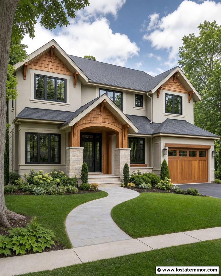 Greige House With Black Windows And Cedar Trim - 30 Greige House Design With Window Frames Ideas