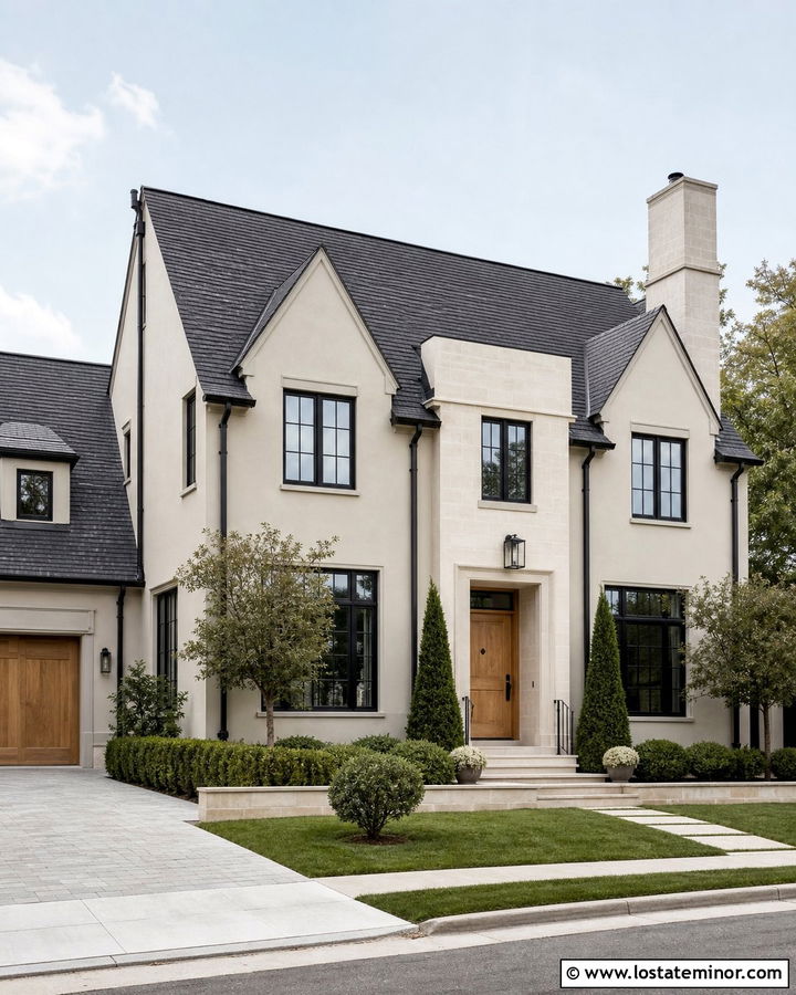 Greige House With Black Windows And Limestone - 30 Greige House Design With Accents Ideas