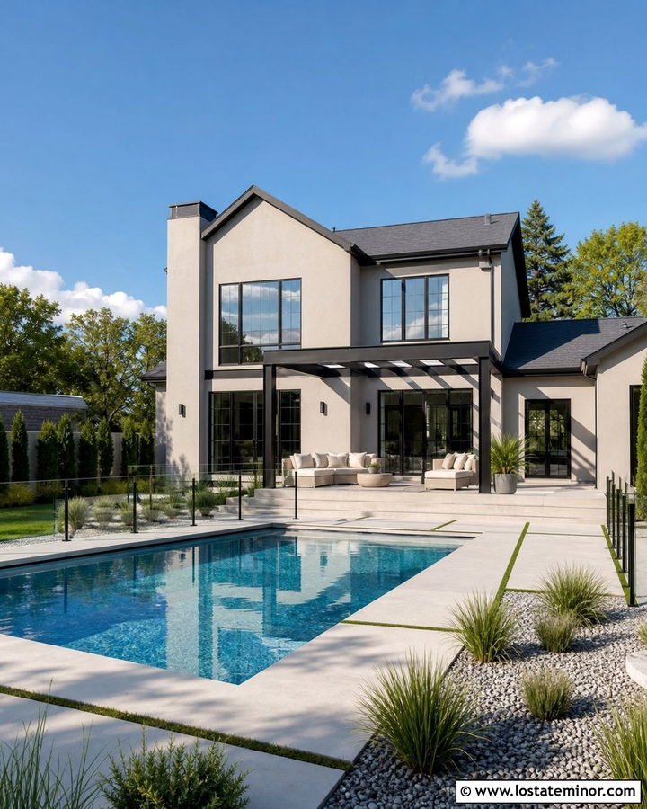 Greige House With Black Windows And Pool - 30 Greige House Design With Swimming Pool Ideas