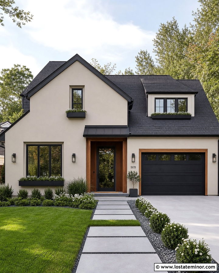 Greige House With Black Windows And Window Boxes - 30 Greige House Design With Window Boxes Ideas