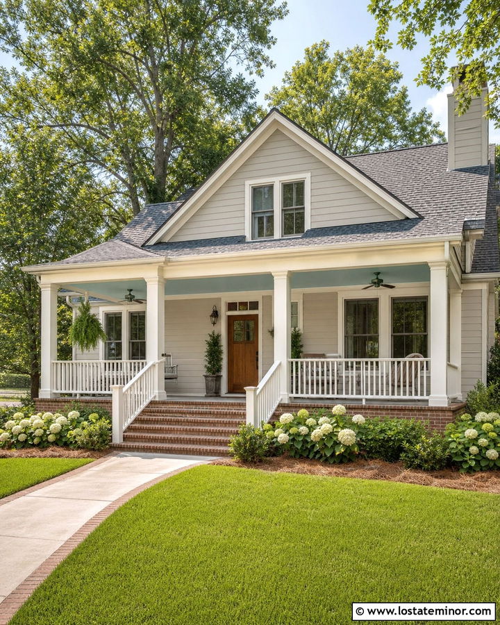Greige House With Blue Beadboard Porch Ceiling - 30 Greige House Design With Porch Ceiling Ideas