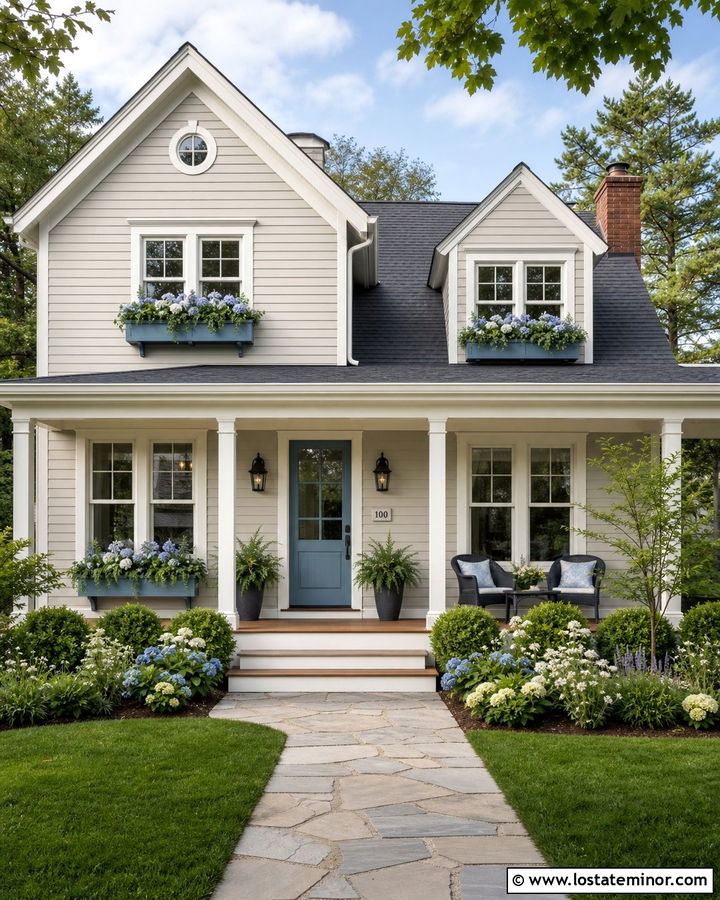 Greige House With Blue Door And Window Boxes - 30 Greige House Design With Window Boxes Ideas