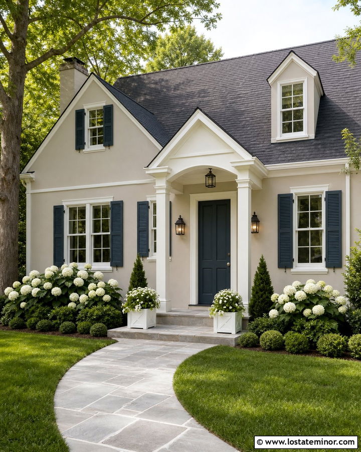 Greige House With Blue Front Door Portico - 30 Greige House Design With Portico Ideas