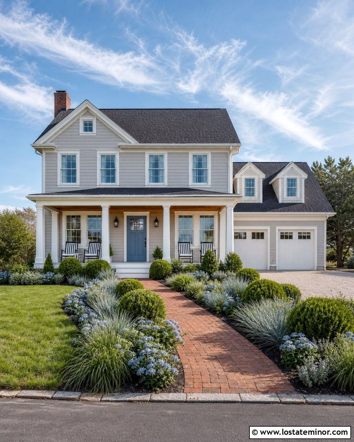 Greige House With Blue Front Door - 30 Greige House Design With Front Yard Ideas